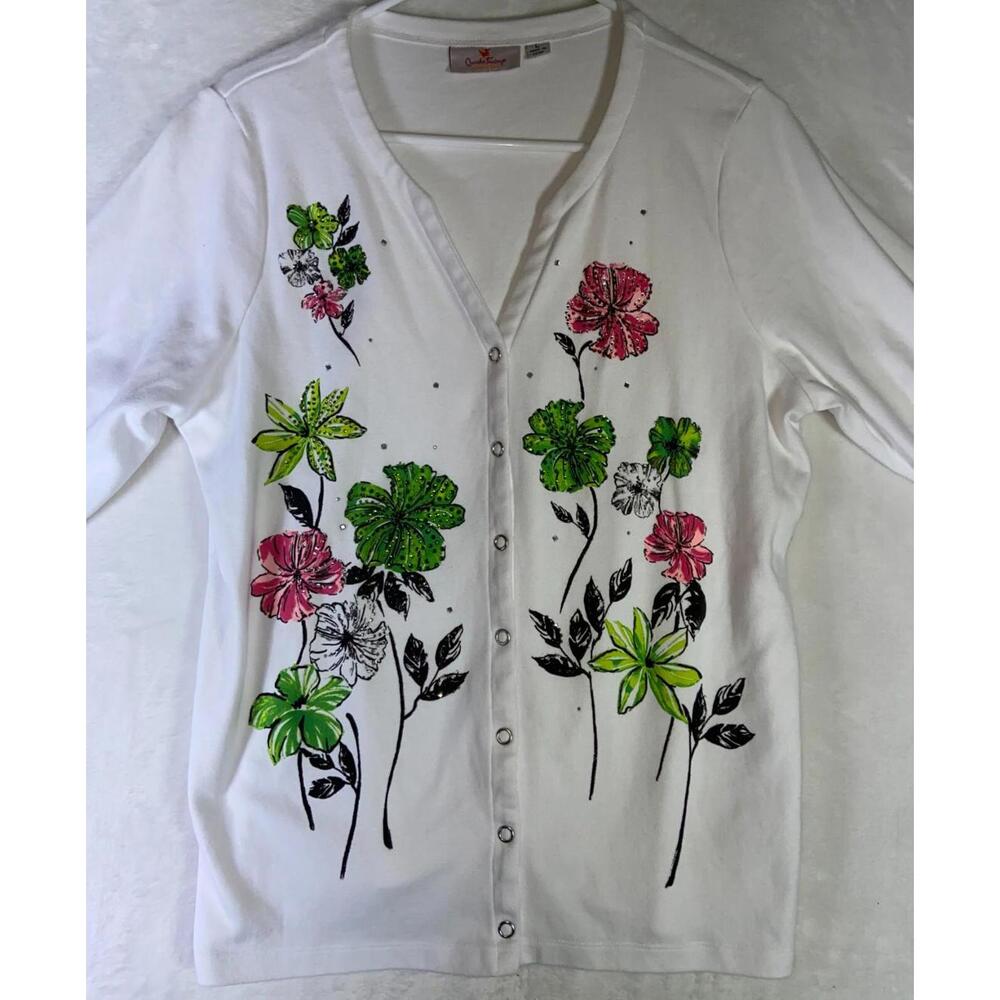 Quacker Factory Jeanne Bice Large Cardigan Embroidery Beaded Flowers Sweater - Picture 2 of 11
